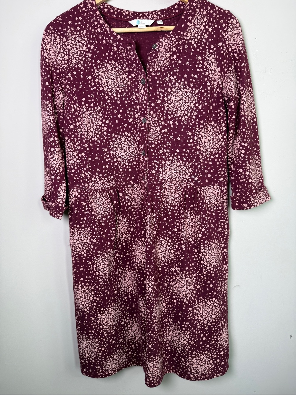 Boden Ditsy Floral Button Front Jersey Midi Dress Burgundy Pink Pockets Sz 6